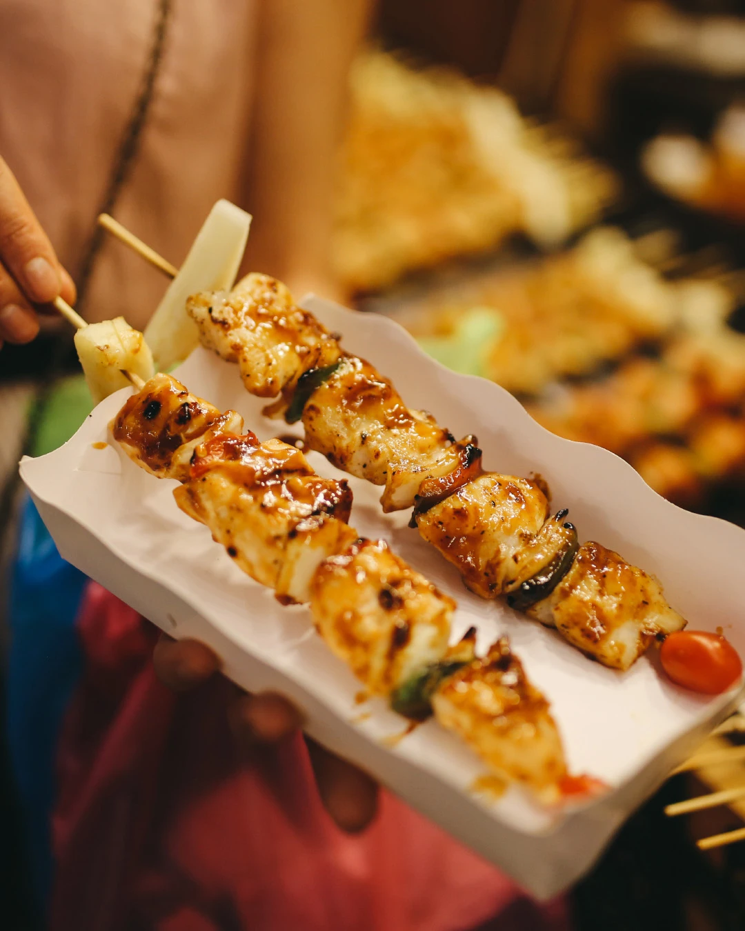 Chicken and vegetable kebab skewers street food
